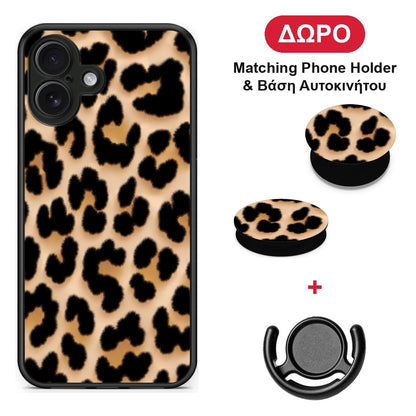 Leopard Print Tan Large - iPhone 16 Plus θήκη + Δώρο Phone Holder & Βάση Αυτοκινήτου