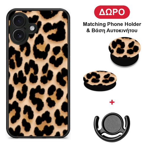 Leopard Print Tan Large - iPhone 16 Plus θήκη + Δώρο Phone Holder & Βάση Αυτοκινήτου
