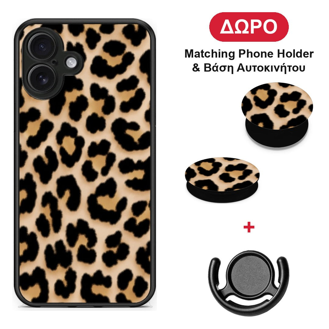 Leopard Print Tan Small - iPhone 16 Plus θήκη + Δώρο Phone Holder & Βάση Αυτοκινήτου