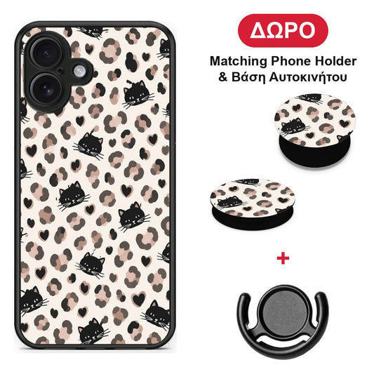 Leopard Spots and Black Cats on Cream - iPhone 16 Plus θήκη + Δώρο Phone Holder & Βάση Αυτοκινήτου