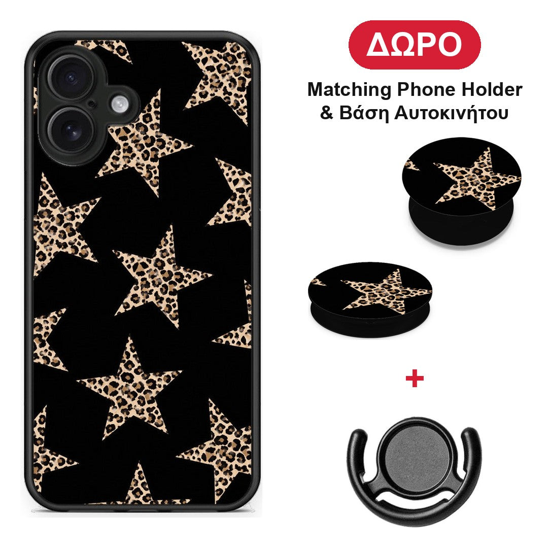 Leopard Stars on Black - iPhone 16 Plus θήκη + Δώρο Phone Holder & Βάση Αυτοκινήτου