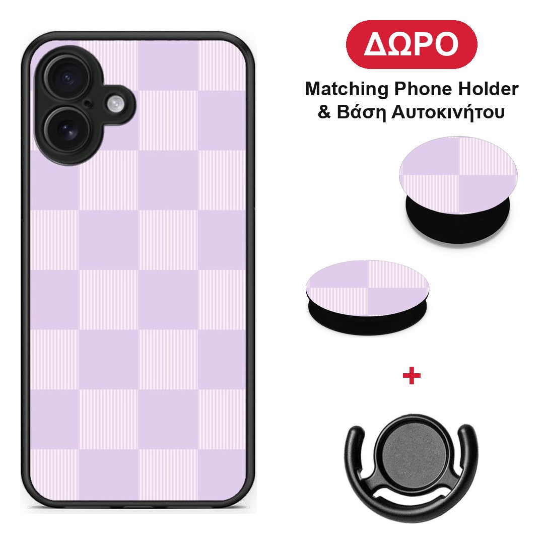 Lilac and Cream Striped Checks - iPhone 16 Plus θήκη + Δώρο Phone Holder & Βάση Αυτοκινήτου