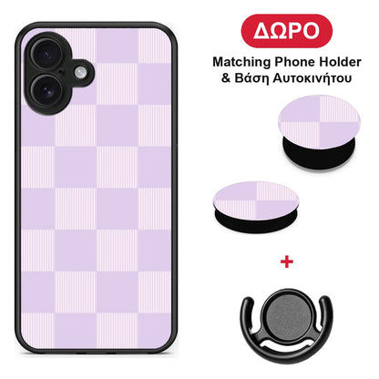 Lilac and Cream Striped Checks - iPhone 16 Plus θήκη + Δώρο Phone Holder & Βάση Αυτοκινήτου