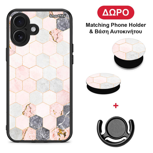 Marble Hexagon Pink - iPhone 16 Plus θήκη + Δώρο Phone Holder & Βάση Αυτοκινήτου
