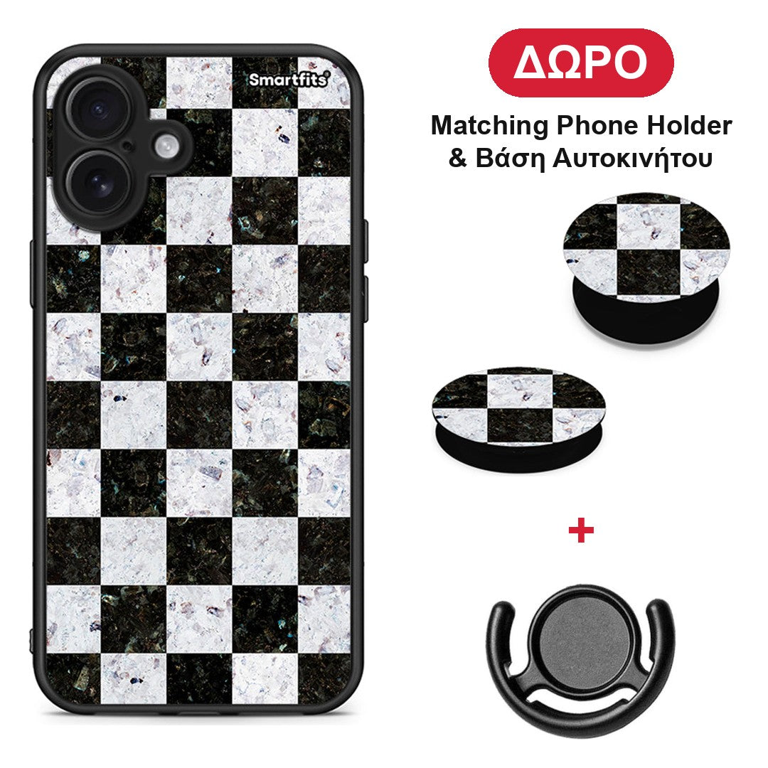 Marble Square Geometric - iPhone 16 Plus θήκη + Δώρο Phone Holder & Βάση Αυτοκινήτου