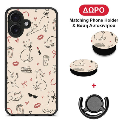 Minimal Cat and Fashion Doodles on Cream - iPhone 16 Plus θήκη + Δώρο Phone Holder & Βάση Αυτοκινήτου