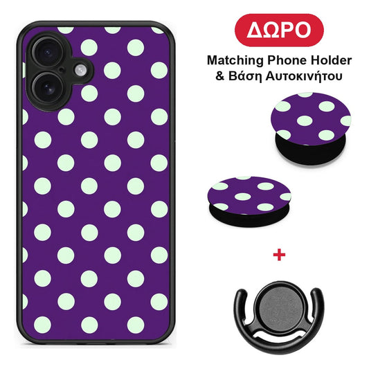 Mint Polka Dots on Purple - iPhone 16 Plus θήκη + Δώρο Phone Holder & Βάση Αυτοκινήτου