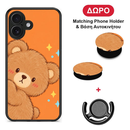 Peekaboo Teddy on Orange - iPhone 16 Plus θήκη + Δώρο Phone Holder & Βάση Αυτοκινήτου