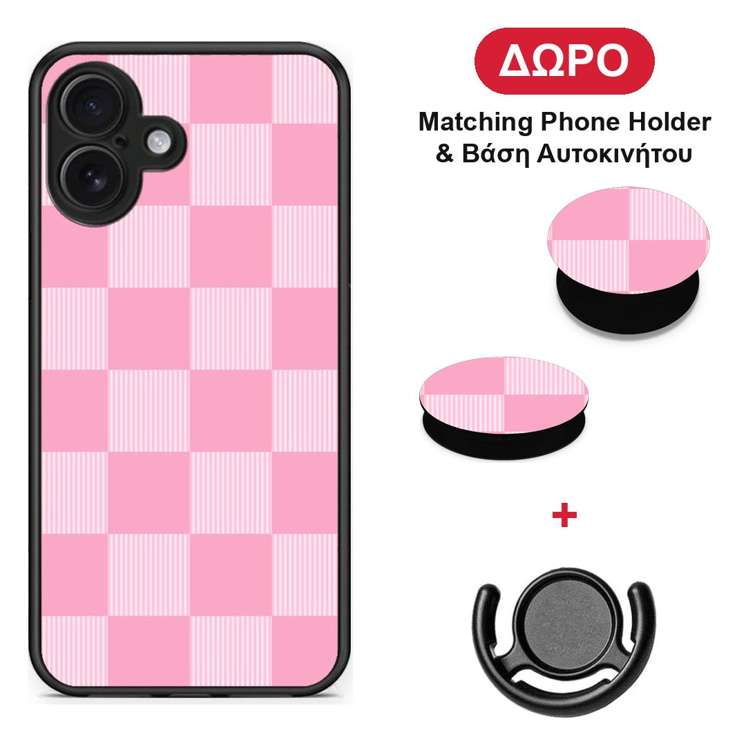 Pink and White Striped Checks - iPhone 16 Plus θήκη + Δώρο Phone Holder & Βάση Αυτοκινήτου