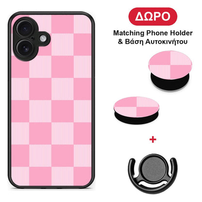 Pink and White Striped Checks - iPhone 16 Plus θήκη + Δώρο Phone Holder & Βάση Αυτοκινήτου
