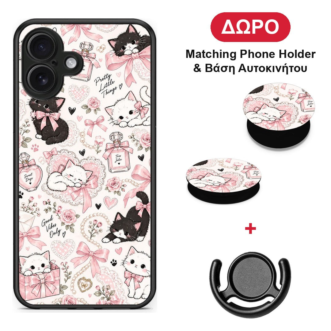 Pink Bows and Kittens Collage - iPhone 16 Plus θήκη + Δώρο Phone Holder & Βάση Αυτοκινήτου
