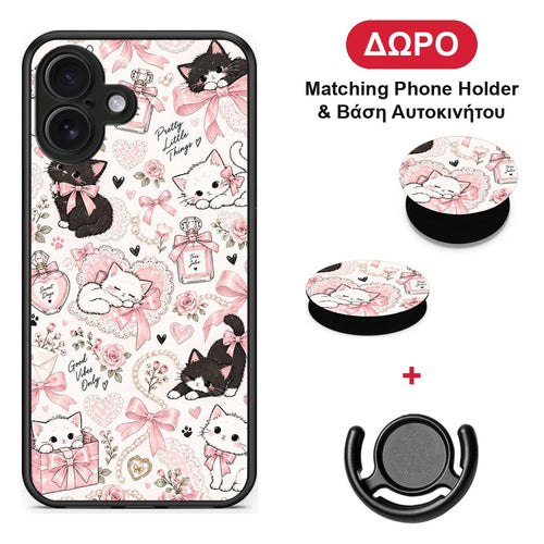 Pink Bows and Kittens Collage - iPhone 16 Plus θήκη + Δώρο Phone Holder & Βάση Αυτοκινήτου