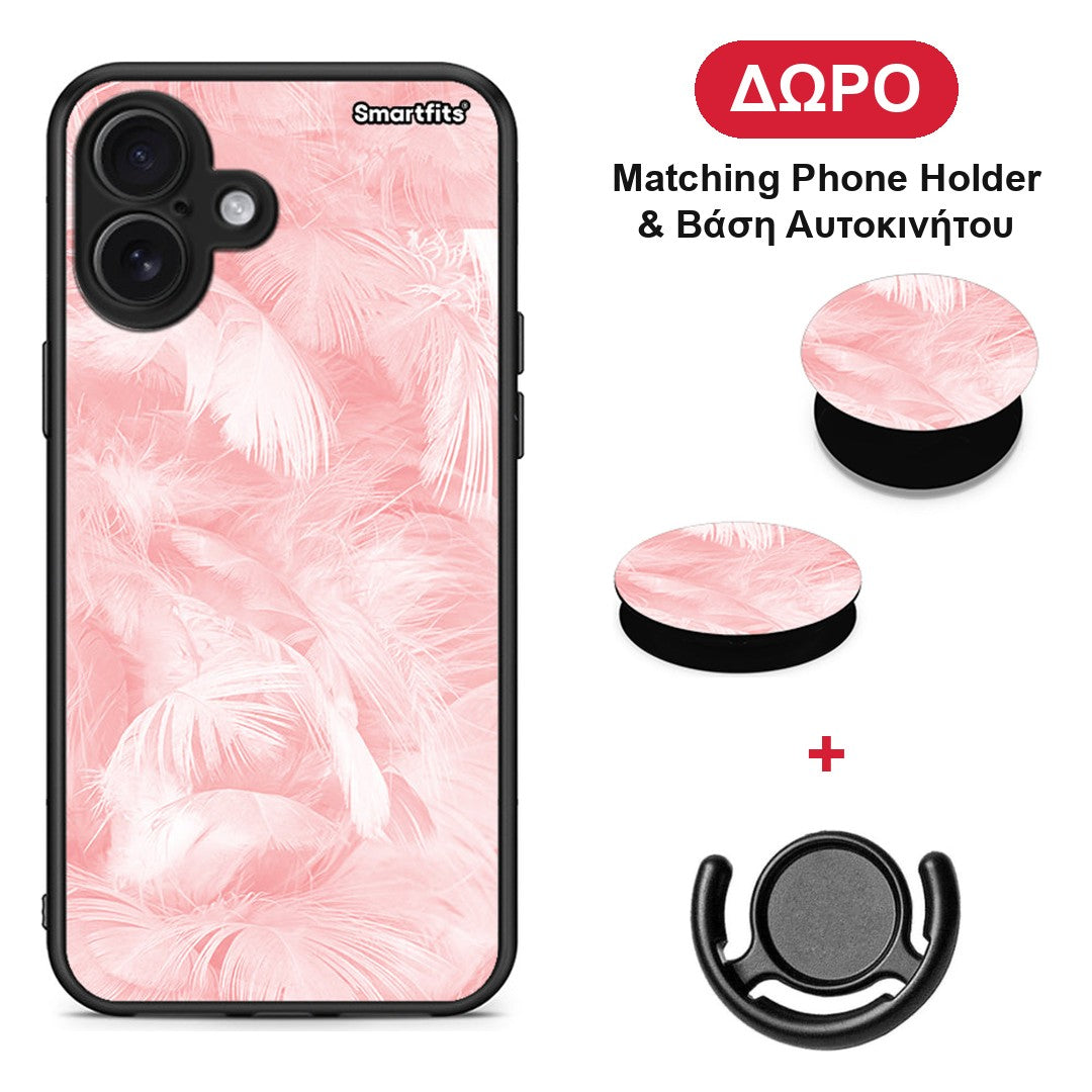 Boho Pink Feather - iPhone 16 Plus θήκη + Δώρο Phone Holder & Βάση Αυτοκινήτου