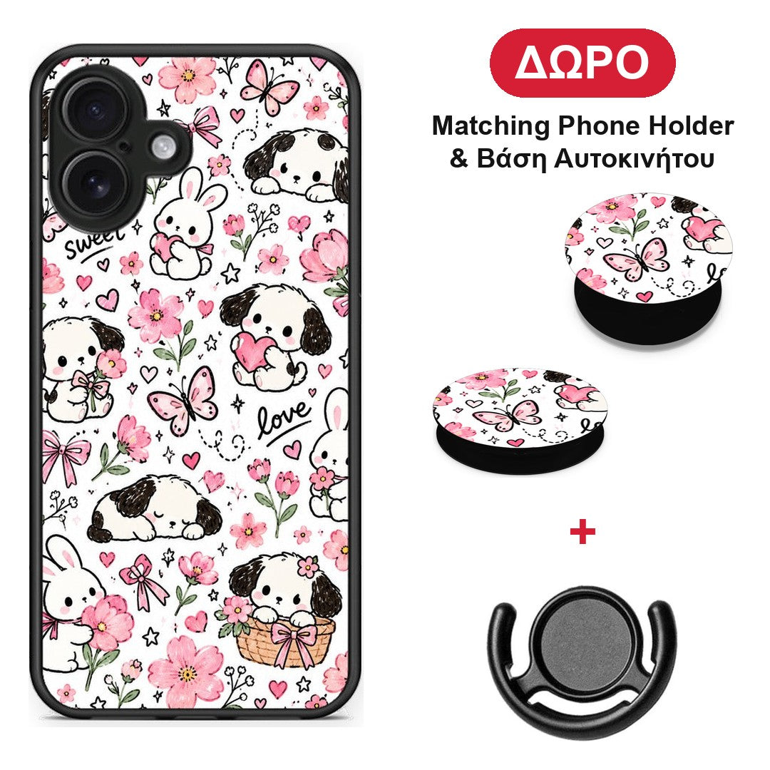 Pink Florals Puppies and Bunnies on White - iPhone 16 Plus θήκη + Δώρο Phone Holder & Βάση Αυτοκινήτου