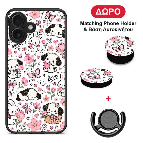 Pink Florals Puppies and Bunnies on White - iPhone 16 Plus θήκη + Δώρο Phone Holder & Βάση Αυτοκινήτου