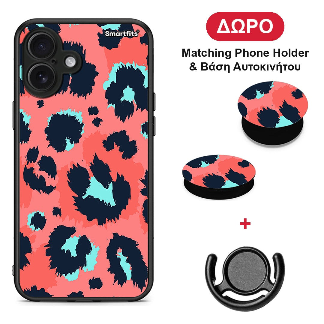 Animal Pink Leopard - iPhone 16 Plus θήκη + Δώρο Phone Holder & Βάση Αυτοκινήτου