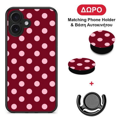 Pink Polka Dots on Burgundy - iPhone 16 Plus θήκη + Δώρο Phone Holder & Βάση Αυτοκινήτου