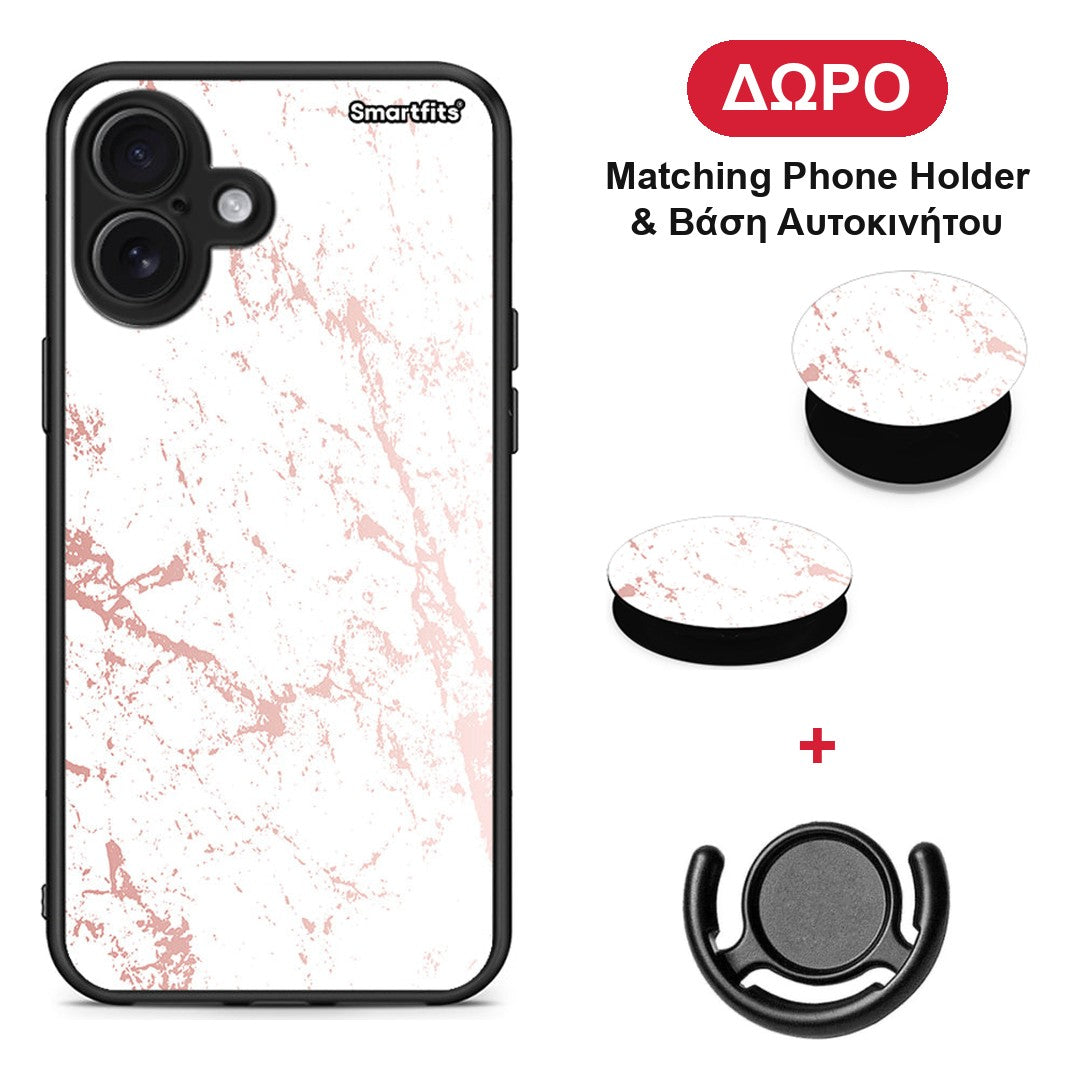 Marble Pink Splash - iPhone 16 Plus θήκη + Δώρο Phone Holder & Βάση Αυτοκινήτου
