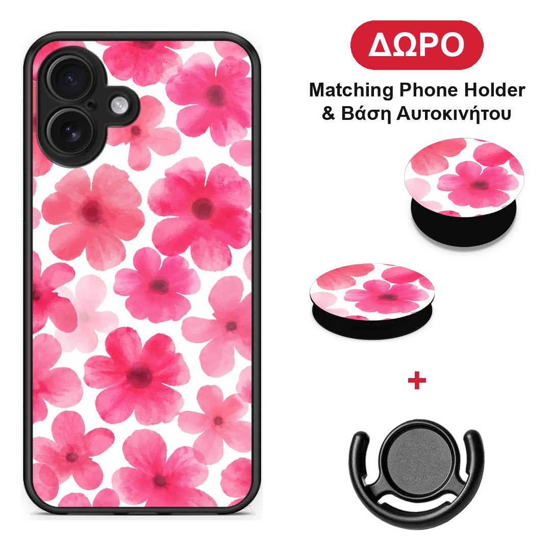 Pink Watercolour Flowers on White - iPhone 16 Plus θήκη + Δώρο Phone Holder & Βάση Αυτοκινήτου