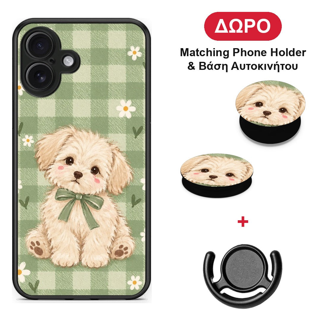 Puppy and Daisies on Sage Gingham - iPhone 16 Plus θήκη + Δώρο Phone Holder & Βάση Αυτοκινήτου