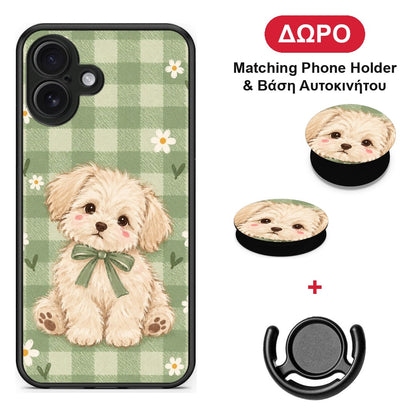 Puppy and Daisies on Sage Gingham - iPhone 16 Plus θήκη + Δώρο Phone Holder & Βάση Αυτοκινήτου