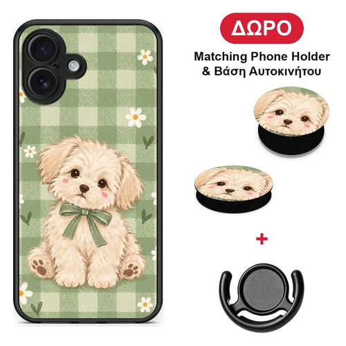 Puppy and Daisies on Sage Gingham - iPhone 16 Plus θήκη + Δώρο Phone Holder & Βάση Αυτοκινήτου