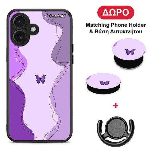 Purple Mariposa - iPhone 16 Plus θήκη + Δώρο Phone Holder & Βάση Αυτοκινήτου
