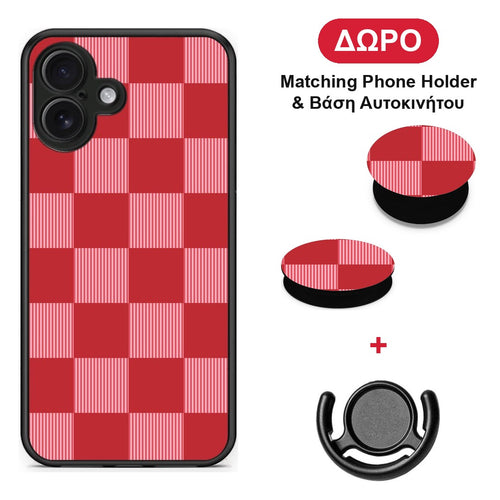 Red and Pink Striped Checks - iPhone 16 Plus θήκη + Δώρο Phone Holder & Βάση Αυτοκινήτου