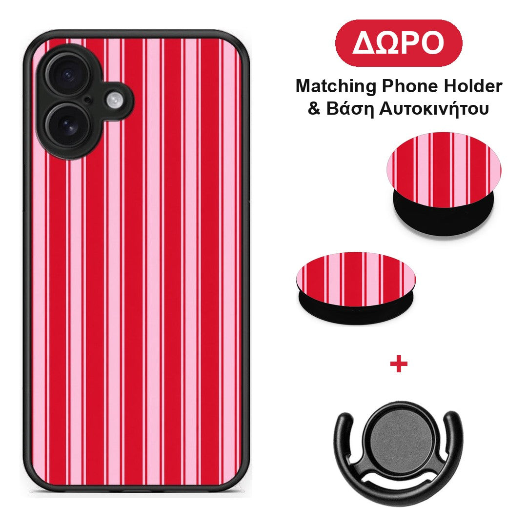 Red and Pink Vertical Pinstripes - iPhone 16 Plus θήκη + Δώρο Phone Holder & Βάση Αυτοκινήτου