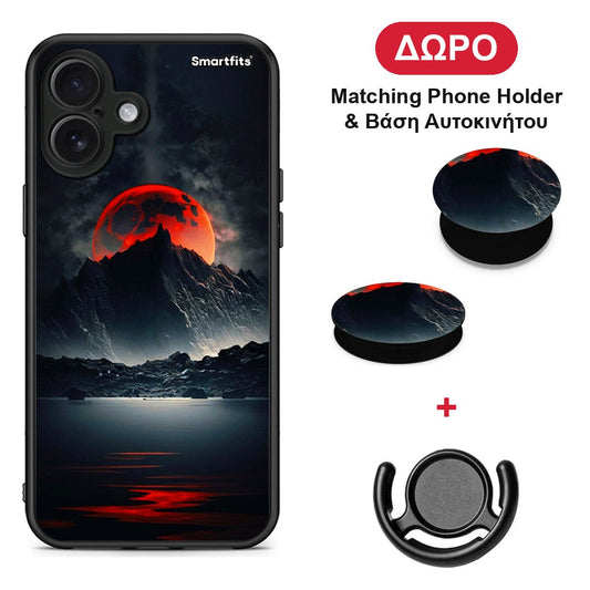 Red Full Moon - iPhone 16 Plus θήκη + Δώρο Phone Holder & Βάση Αυτοκινήτου
