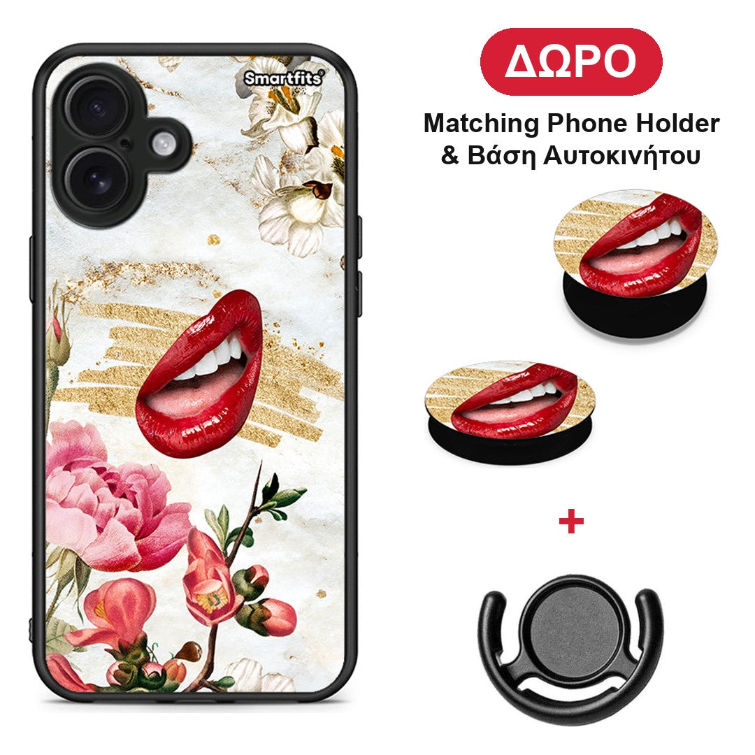 Red Lips - iPhone 16 Plus θήκη + Δώρο Phone Holder & Βάση Αυτοκινήτου