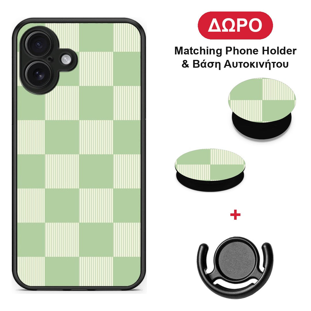 Sage and Cream Striped Checks - iPhone 16 Plus θήκη + Δώρο Phone Holder & Βάση Αυτοκινήτου