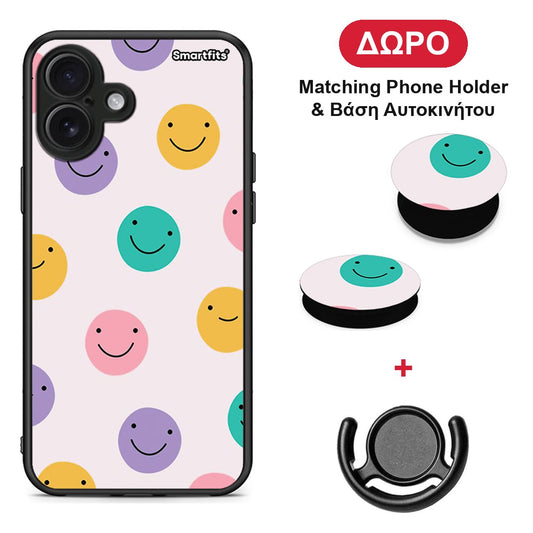 Smiley Faces - iPhone 16 Plus θήκη + Δώρο Phone Holder & Βάση Αυτοκινήτου
