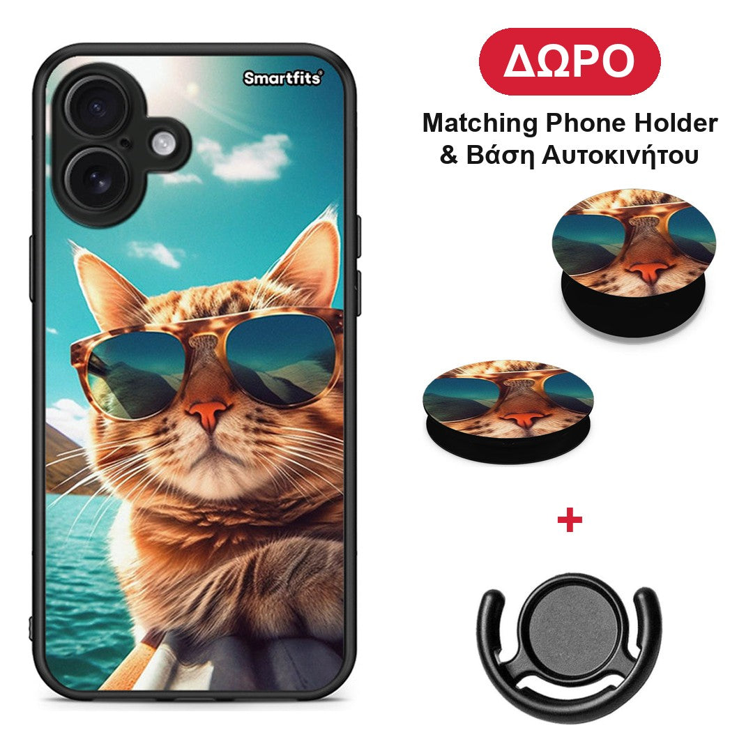 Summer Cat - iPhone 16 Plus θήκη + Δώρο Phone Holder & Βάση Αυτοκινήτου