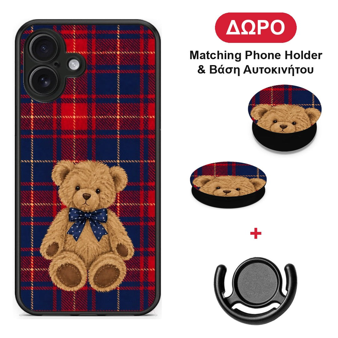 Teddy Bear on Red and Navy Tartan - iPhone 16 Plus θήκη + Δώρο Phone Holder & Βάση Αυτοκινήτου