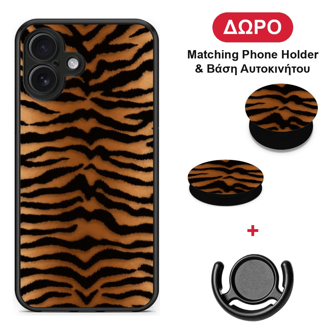 Tiger Print Orange and Black - iPhone 16 Plus θήκη + Δώρο Phone Holder & Βάση Αυτοκινήτου