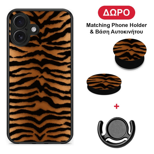 Tiger Print Orange and Black - iPhone 16 Plus θήκη + Δώρο Phone Holder & Βάση Αυτοκινήτου