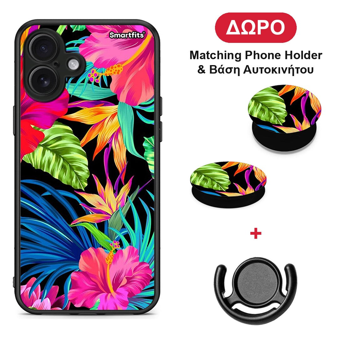 Tropical Flowers - iPhone 16 Plus θήκη + Δώρο Phone Holder & Βάση Αυτοκινήτου