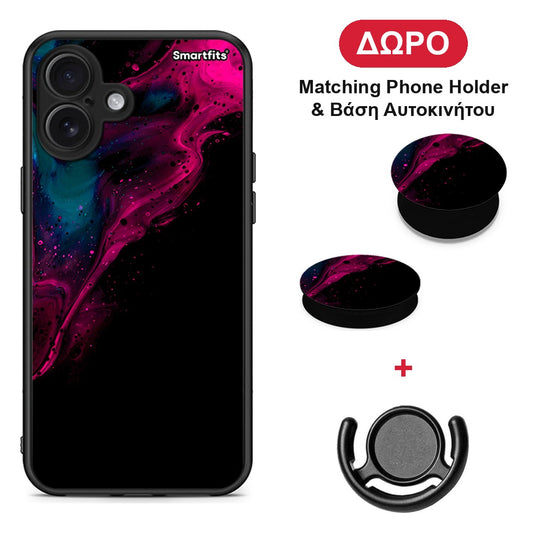 Watercolor Pink Black - iPhone 16 Plus θήκη + Δώρο Phone Holder & Βάση Αυτοκινήτου
