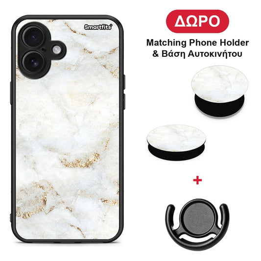 White Gold Marble - iPhone 16 Plus θήκη + Δώρο Phone Holder & Βάση Αυτοκινήτου
