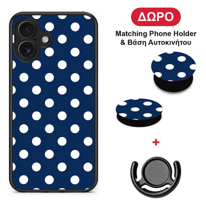White Large Polka Dots on Navy - iPhone 16 Plus θήκη + Δώρο Phone Holder & Βάση Αυτοκινήτου