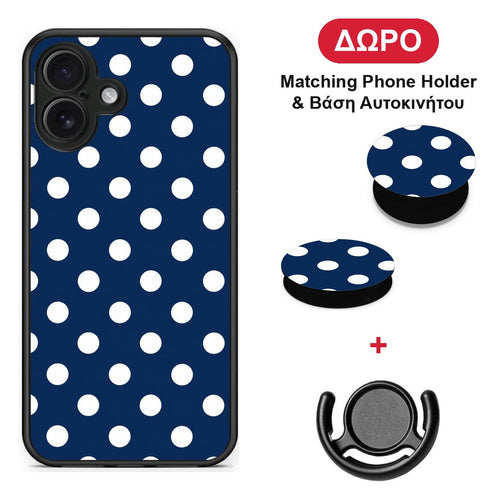 White Large Polka Dots on Navy - iPhone 16 Plus θήκη + Δώρο Phone Holder & Βάση Αυτοκινήτου