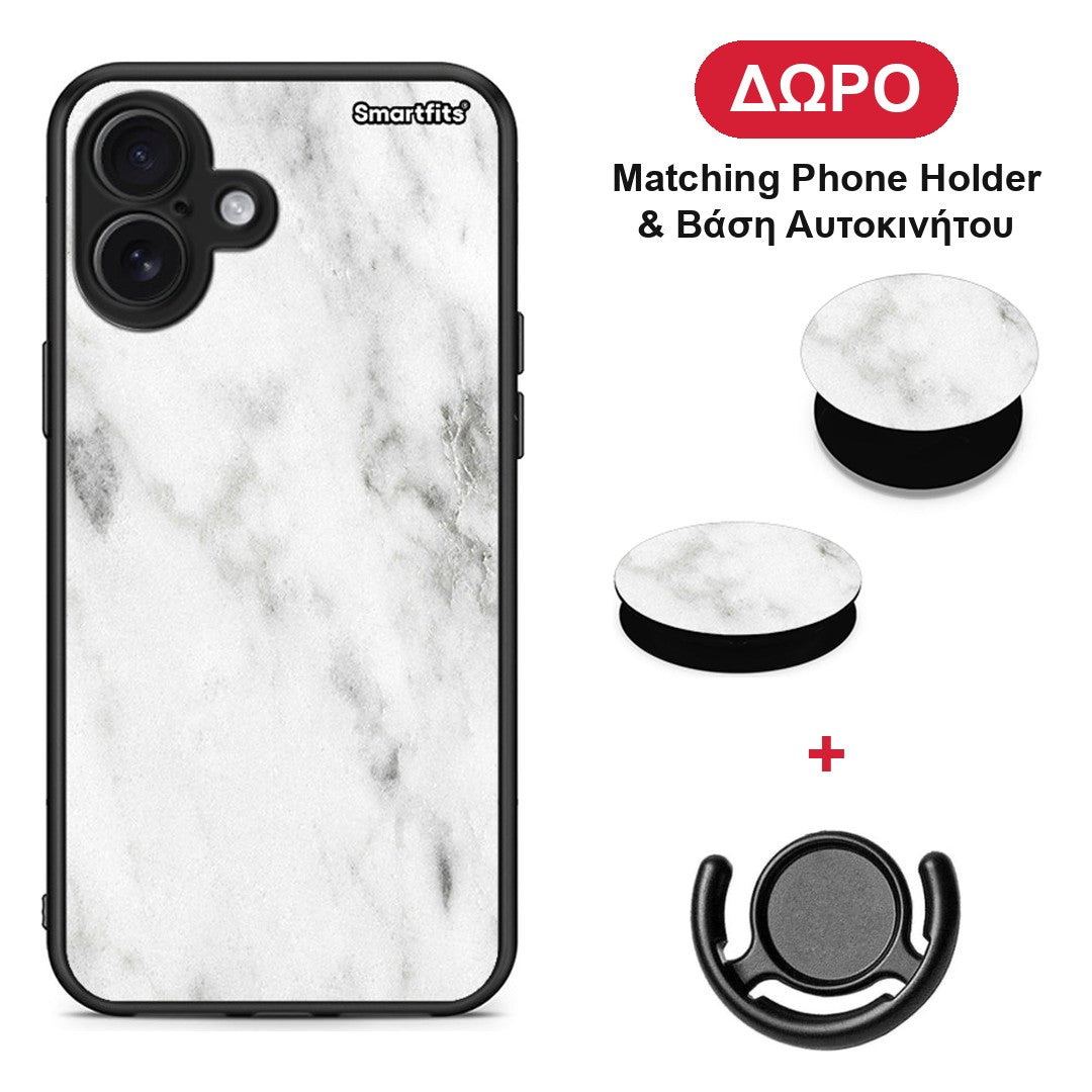 Marble White - iPhone 16 Plus θήκη + Δώρο Phone Holder & Βάση Αυτοκινήτου