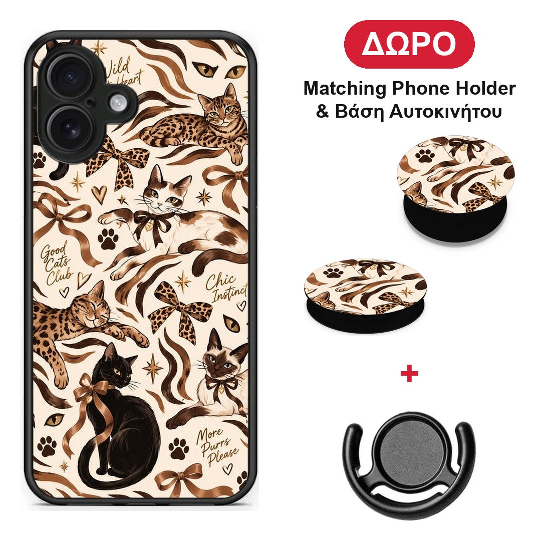 Wild Cats and Animal Print Collage - iPhone 16 Plus θήκη + Δώρο Phone Holder & Βάση Αυτοκινήτου