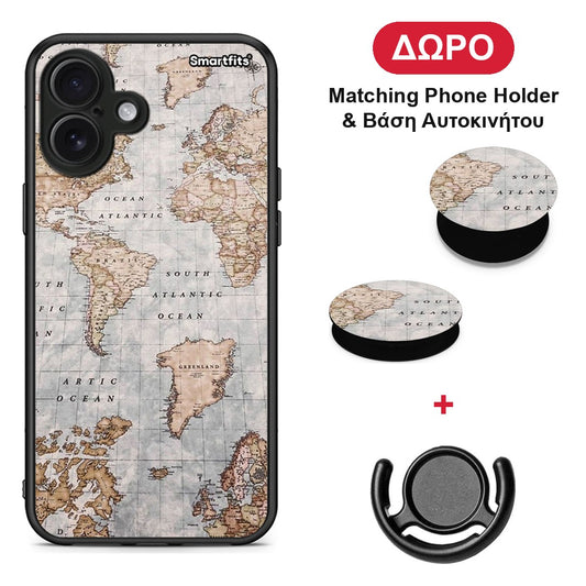 World Map - iPhone 16 Plus θήκη + Δώρο Phone Holder & Βάση Αυτοκινήτου