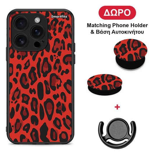 Animal Red Leopard - iPhone 16 Pro θήκη + Δώρο Phone Holder & Βάση Αυτοκινήτου