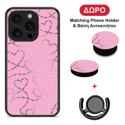 Barbed Wire Hearts on Pink - iPhone 16 Pro θήκη + Δώρο Phone Holder & Βάση Αυτοκινήτου