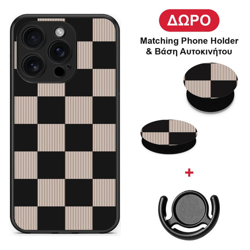 Black and Taupe Striped Checks - iPhone 16 Pro θήκη + Δώρο Phone Holder & Βάση Αυτοκινήτου