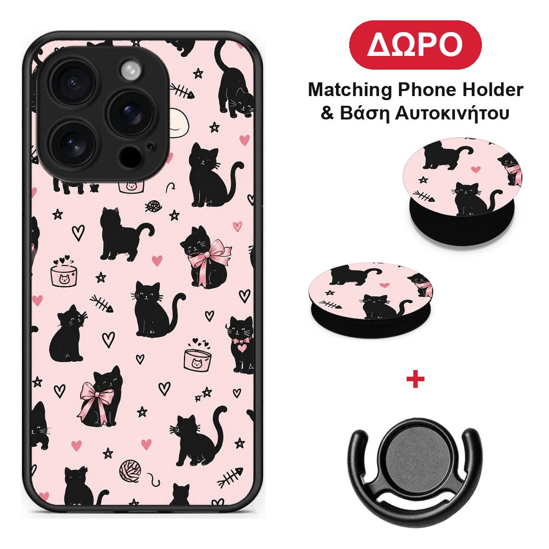Black Cat Doodles on Pink - iPhone 16 Pro θήκη + Δώρο Phone Holder & Βάση Αυτοκινήτου