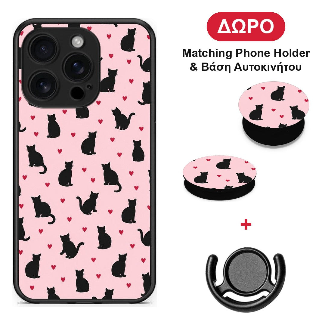Black Cat Silhouettes and Hearts on Pink - iPhone 16 Pro θήκη + Δώρο Phone Holder & Βάση Αυτοκινήτου